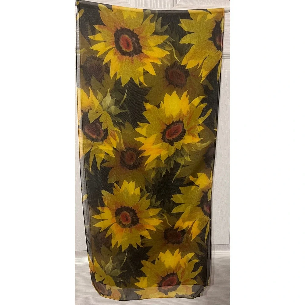 Vintage Style Sunflower Print Sheer Chiffon Scarf Yellow Floral Accessory 15x62